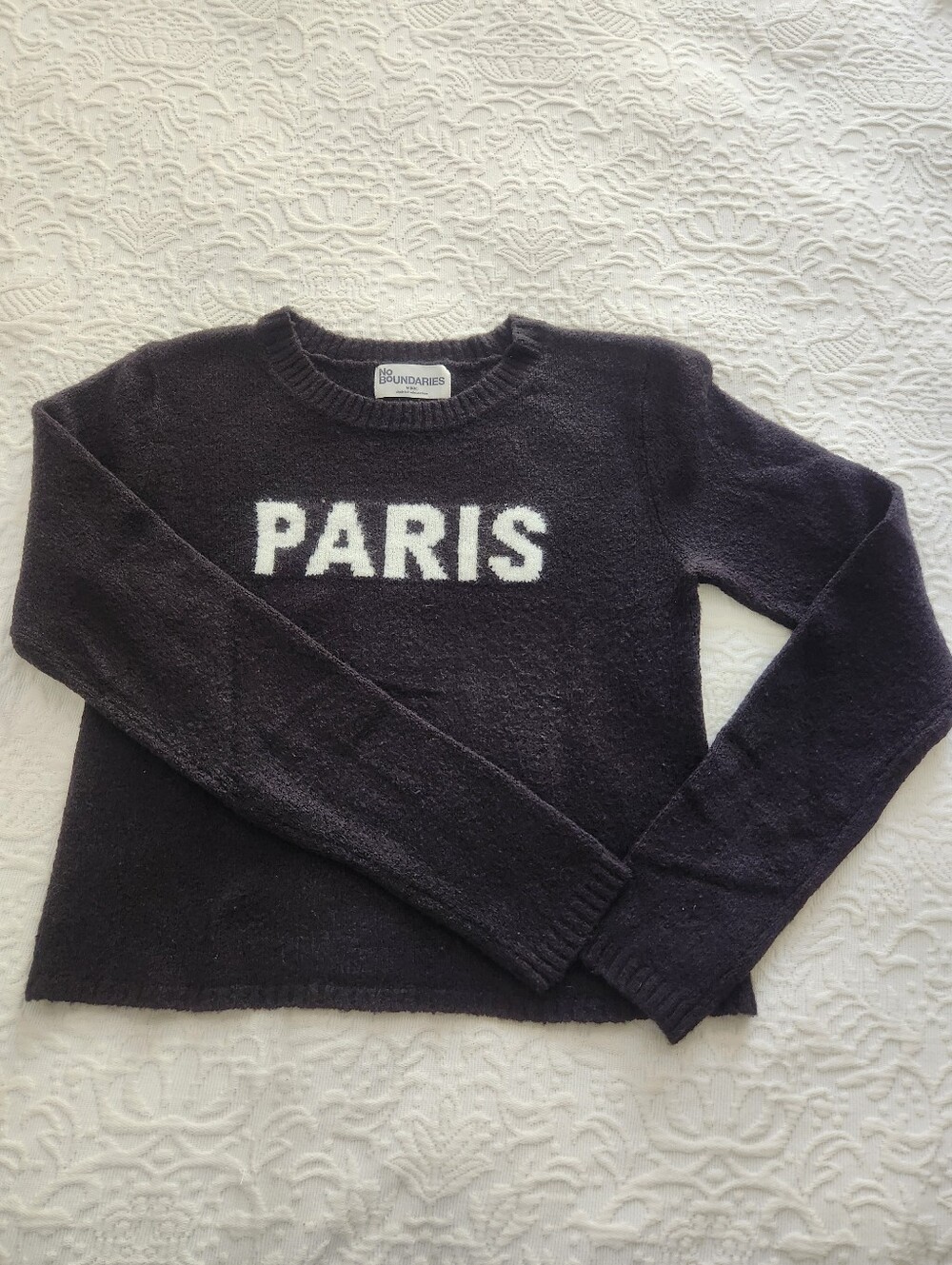 No Boundaries Black Knit Sweater With White PARIS. Long Sleeves And Short Waist